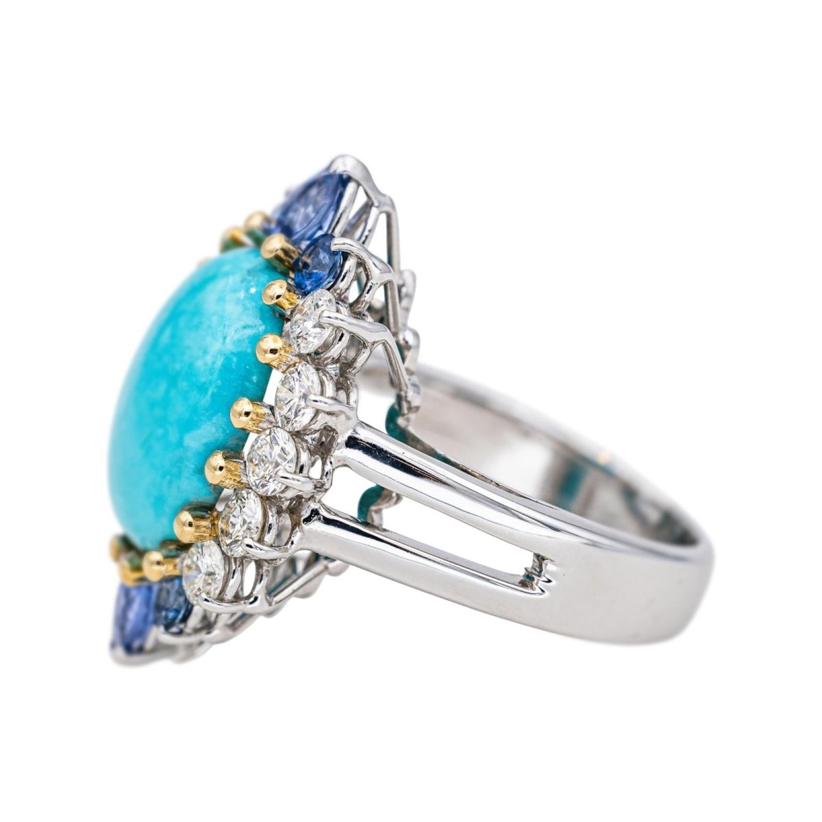 Bague Marquise en or blanc, turquoise, saphirs et diamants - Castafiore