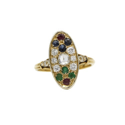 Bague Marquise en or, émeraudes, saphirs, rubis et diamants - Castafiore