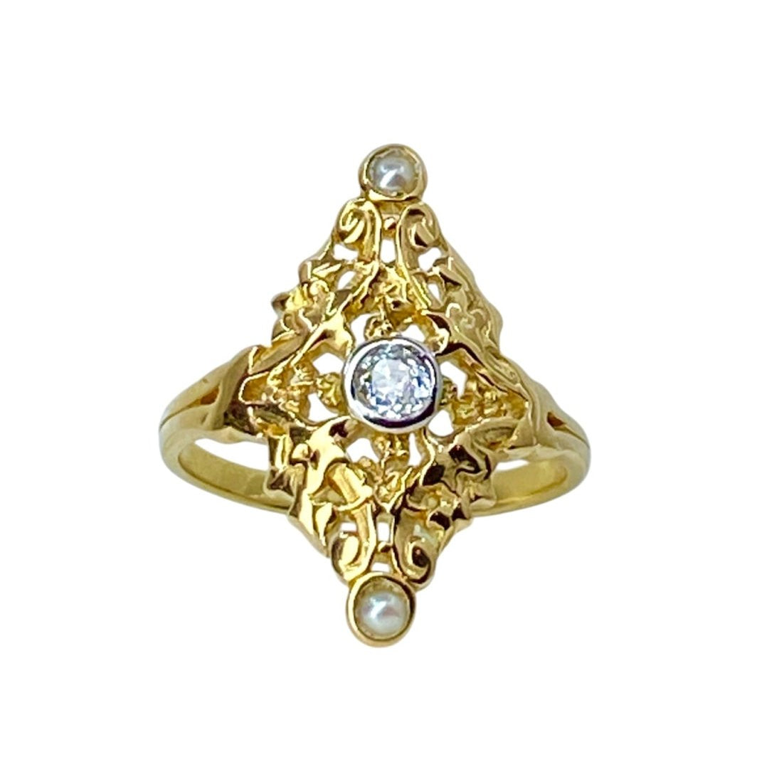 Bague marquise en or jaune 18 carats, diamant et perles - Castafiore