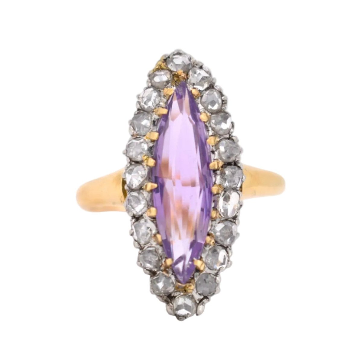 Bague Marquise en or jaune, améthyste et diamants - Castafiore