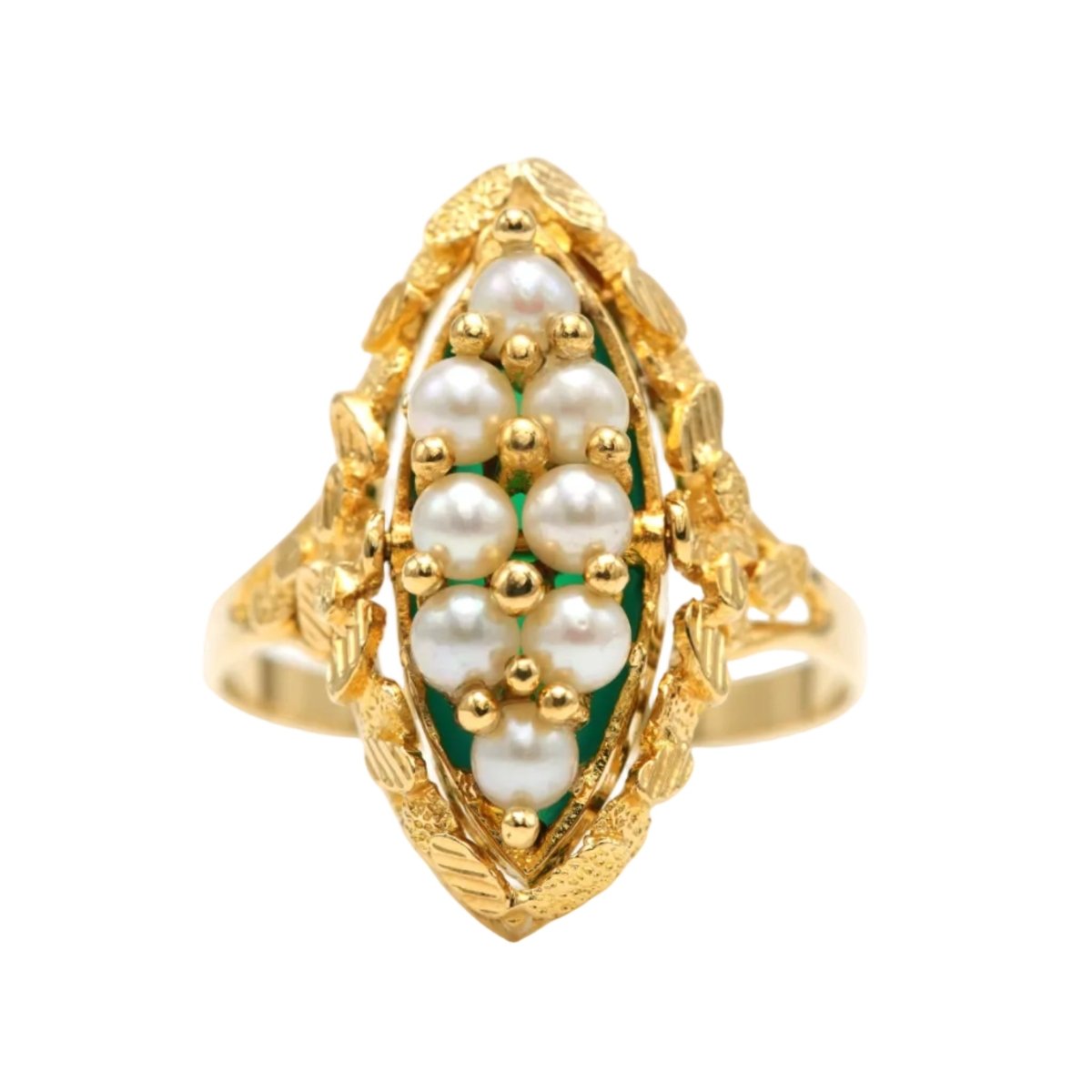 Bague Marquise en or jaune, chrysoprases et perles - Castafiore
