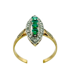 Bague Marquise en or jaune, émeraudes, et diamants - Castafiore