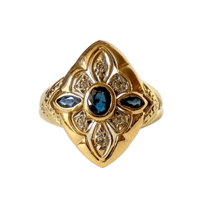 Bague Marquise en or jaune, or blanc, saphir, et diamants - Castafiore