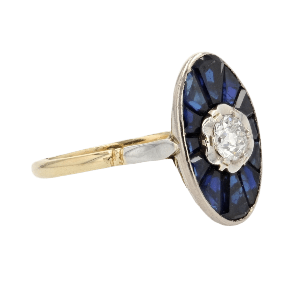 Bague Marquise en or jaune, or blanc, saphirs et diamant - Castafiore