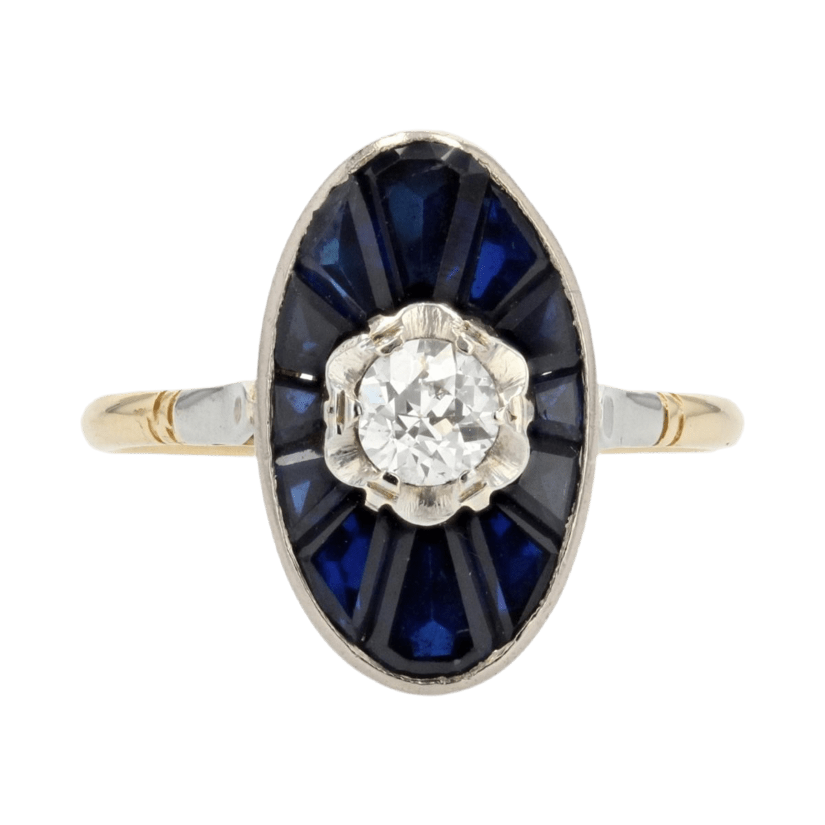 Bague Marquise en or jaune, or blanc, saphirs et diamant - Castafiore