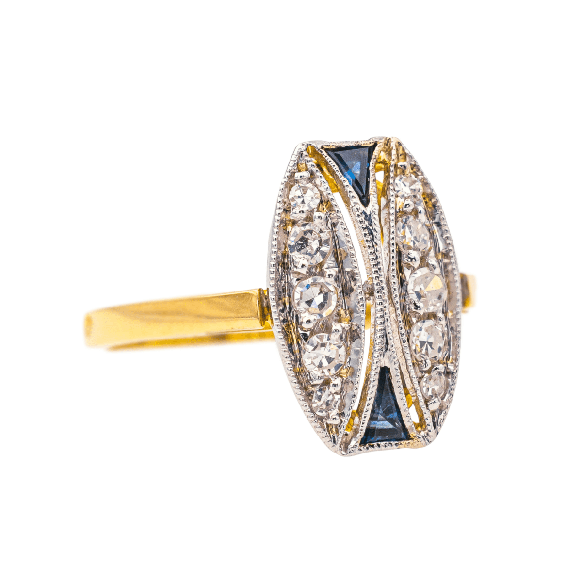 Bague Marquise en or jaune, or blanc, saphirs et diamants - Castafiore