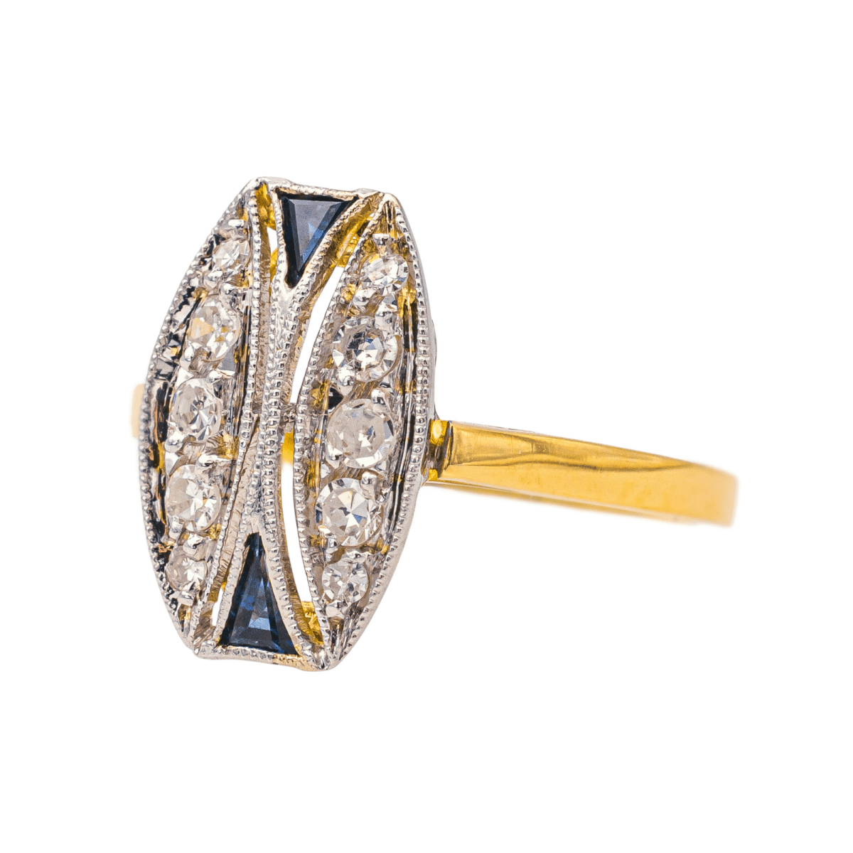 Bague Marquise en or jaune, or blanc, saphirs et diamants - Castafiore