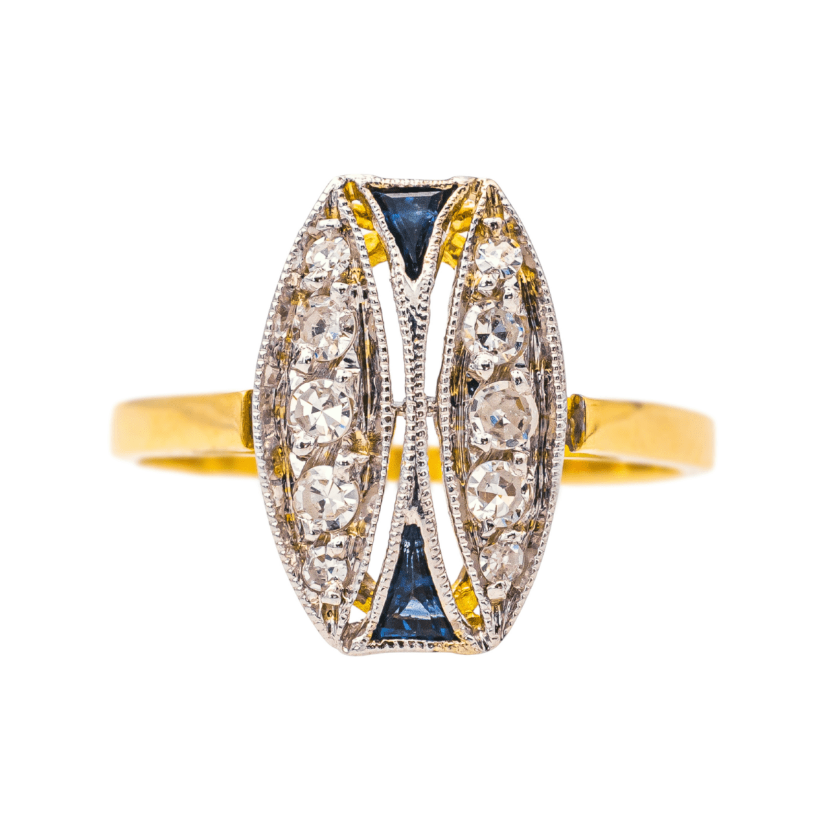 Bague Marquise en or jaune, or blanc, saphirs et diamants - Castafiore