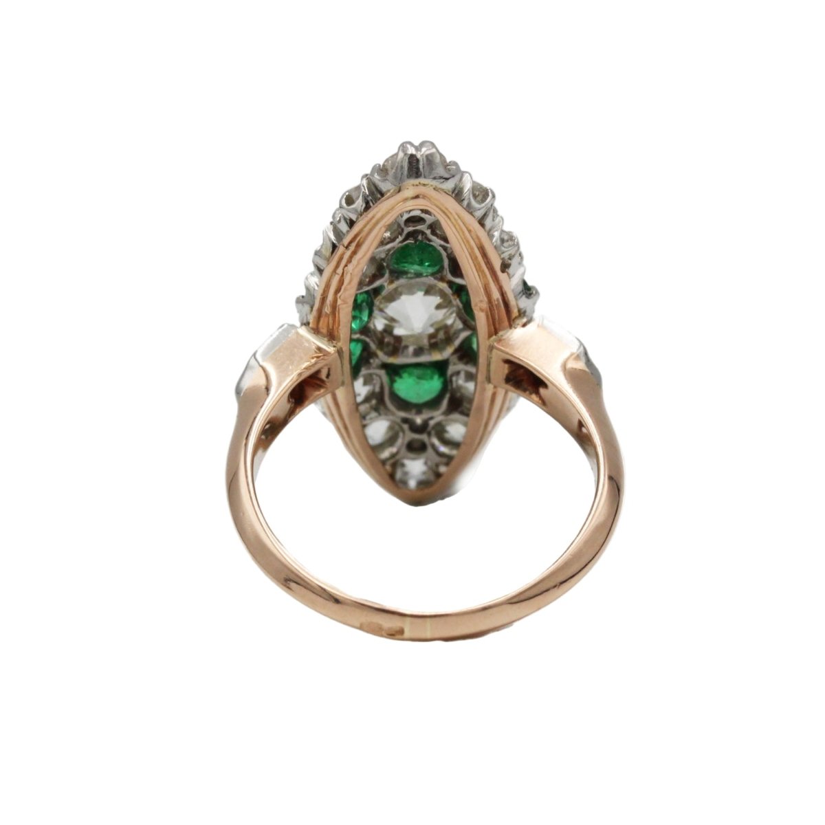 Bague Marquise en or jaune, platine, émeraudes et diamants - Castafiore