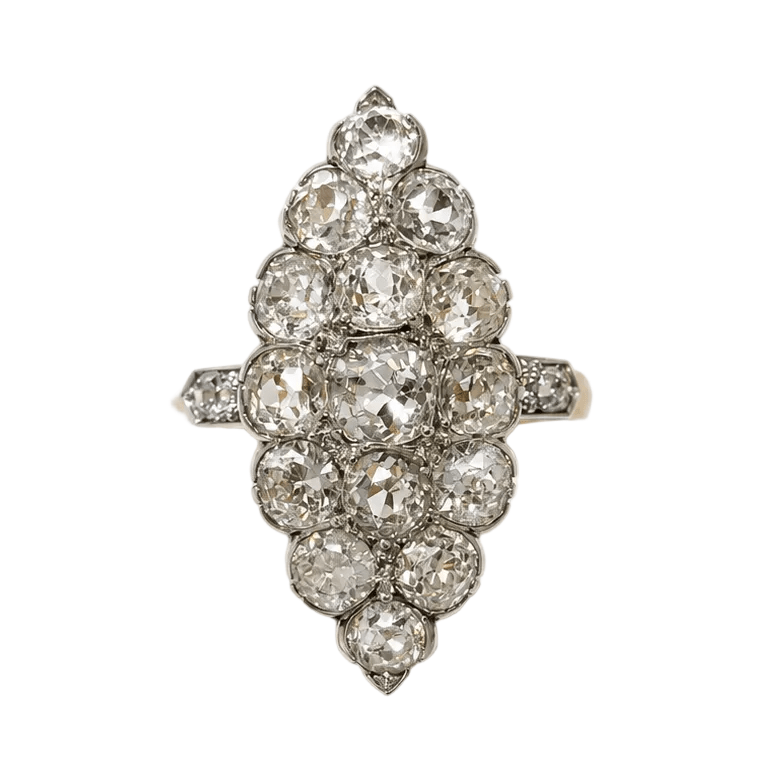 Bague Marquise en or jaune, platine et diamants - Castafiore