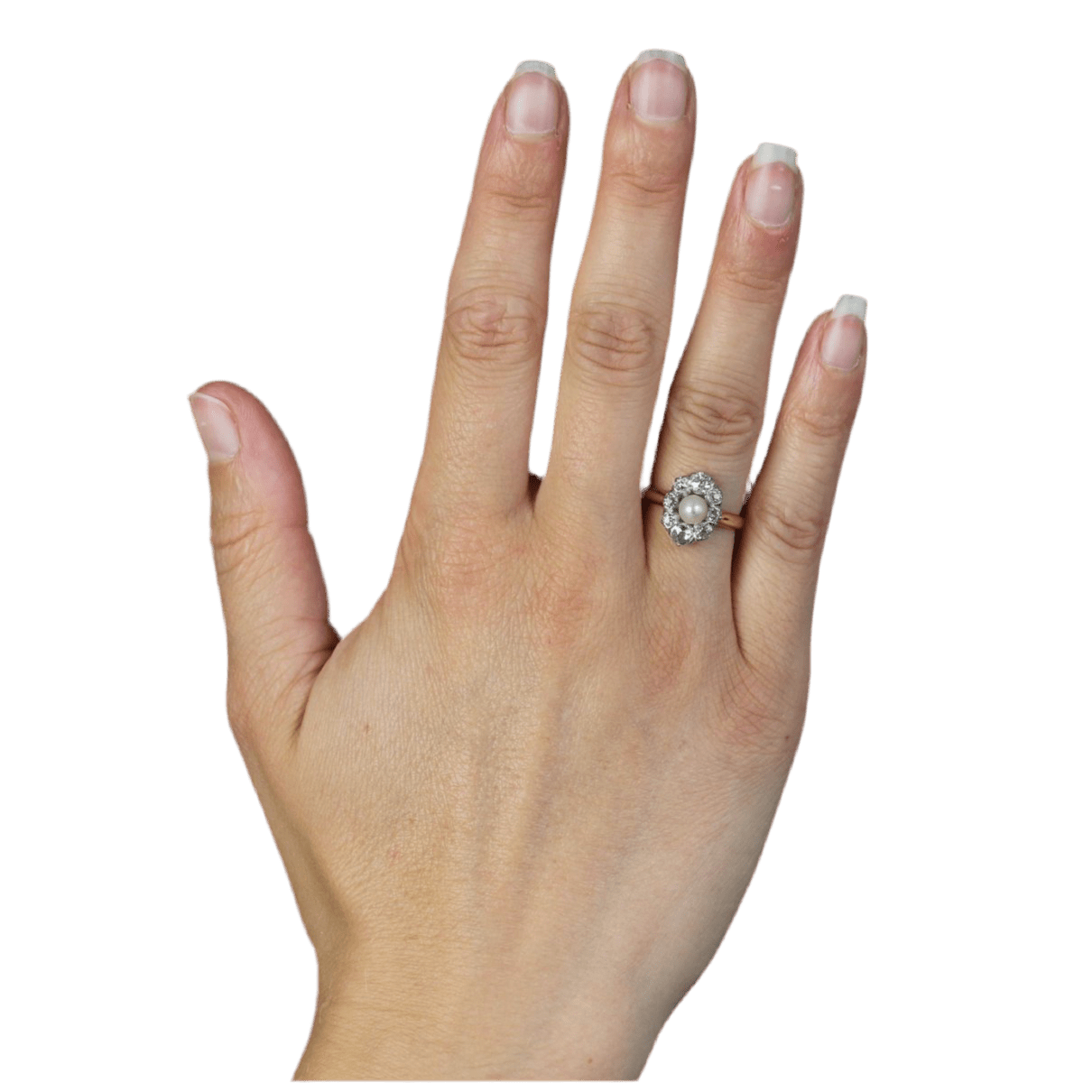 Bague Marquise en or jaune, platine, perle et diamants - Castafiore