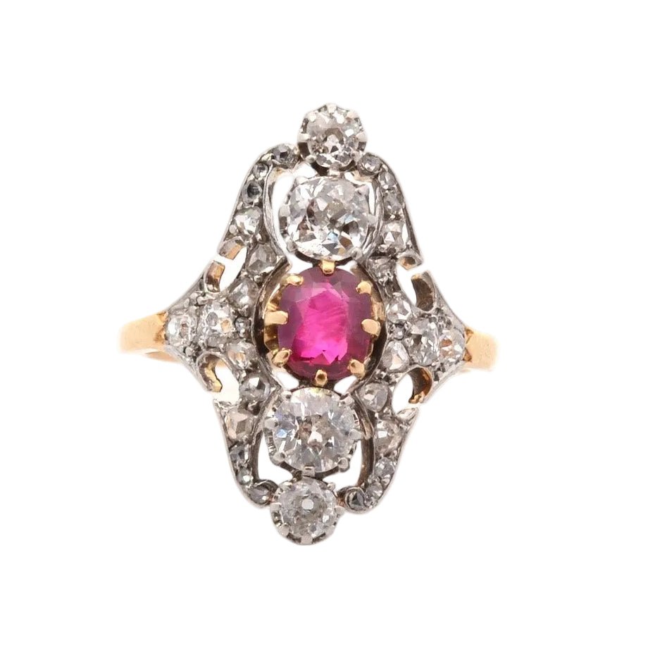 Bague Marquise en or jaune, platine, rubis et diamants - Castafiore