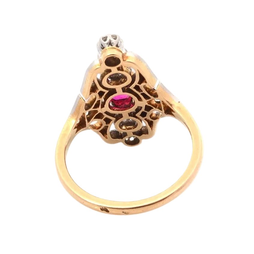 Bague Marquise en or jaune, platine, rubis et diamants - Castafiore