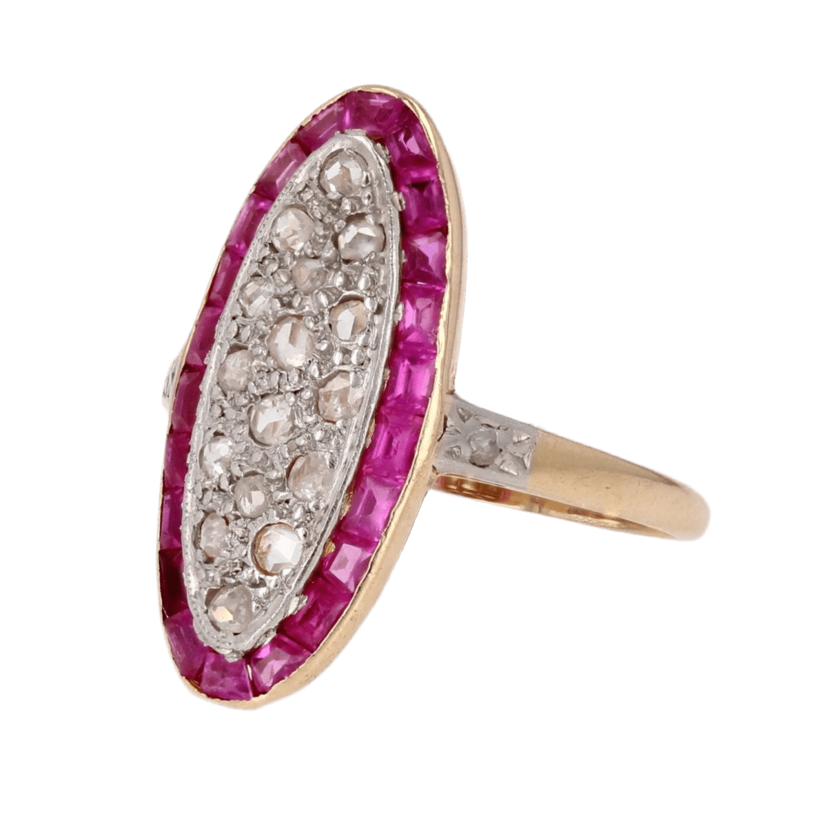 Bague Marquise en or jaune, platine, rybis et diamants - Castafiore