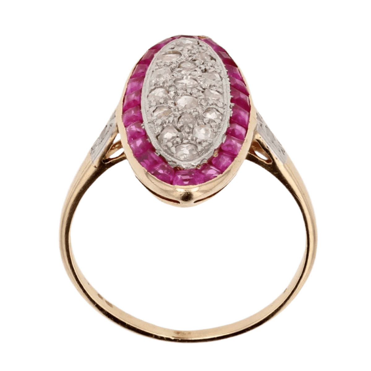 Bague Marquise en or jaune, platine, rybis et diamants - Castafiore