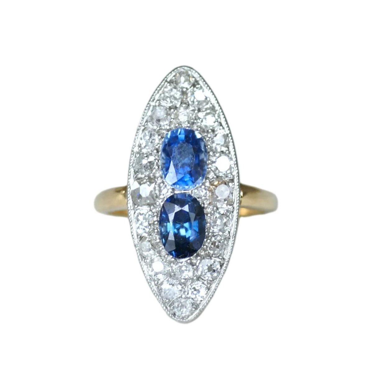 Bague Marquise en or jaune, platine, saphirs et diamants - Castafiore