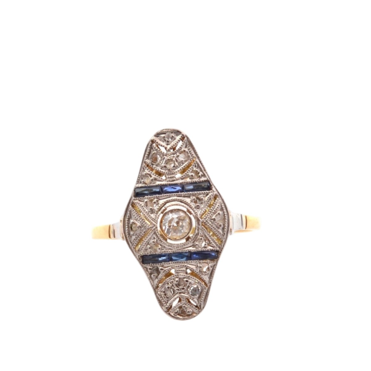 Bague Marquise en or jaune, platine, saphirs et diamants - Castafiore