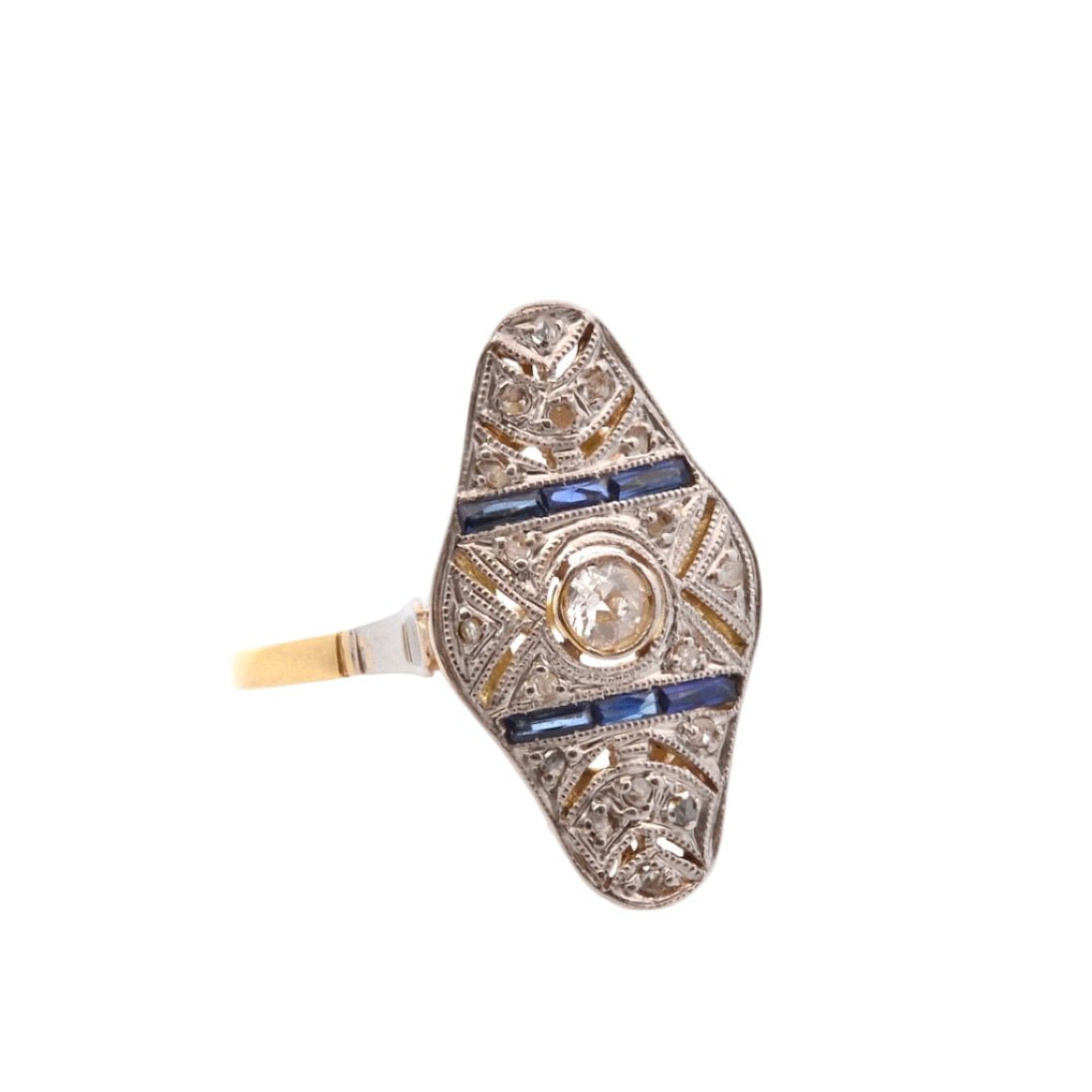 Bague Marquise en or jaune, platine, saphirs et diamants - Castafiore