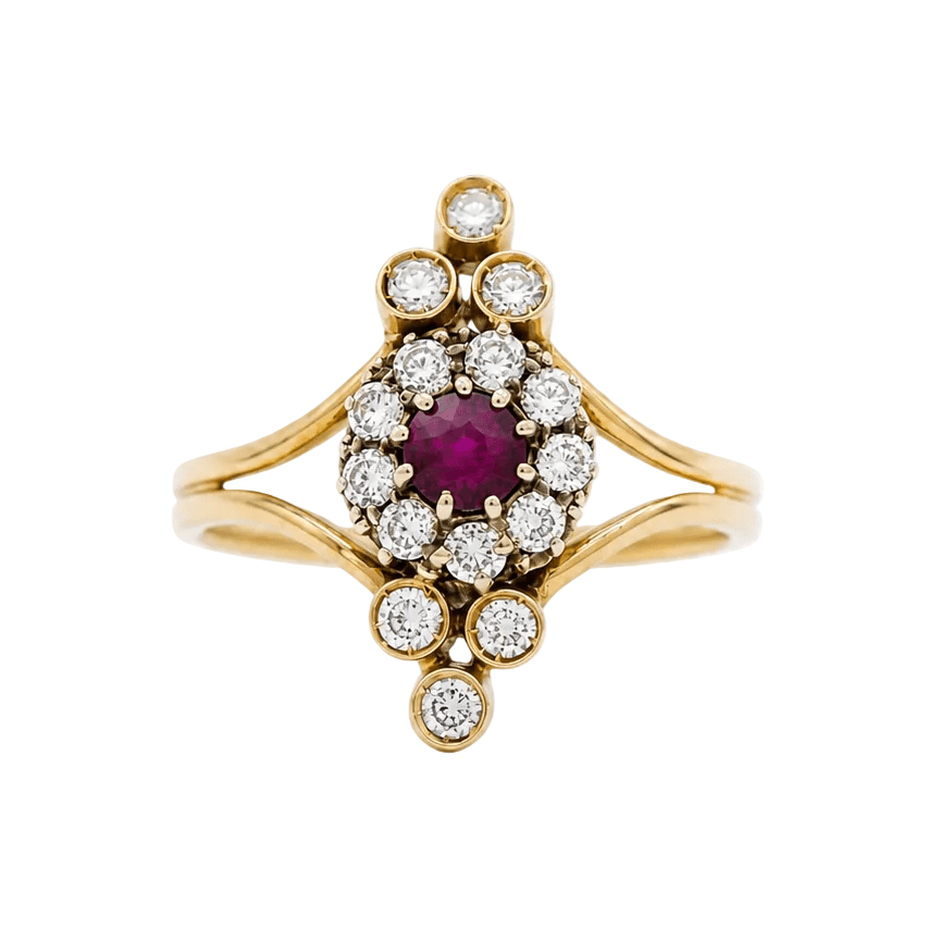 Bague Marquise en or jaune, rubis et diamants - Castafiore