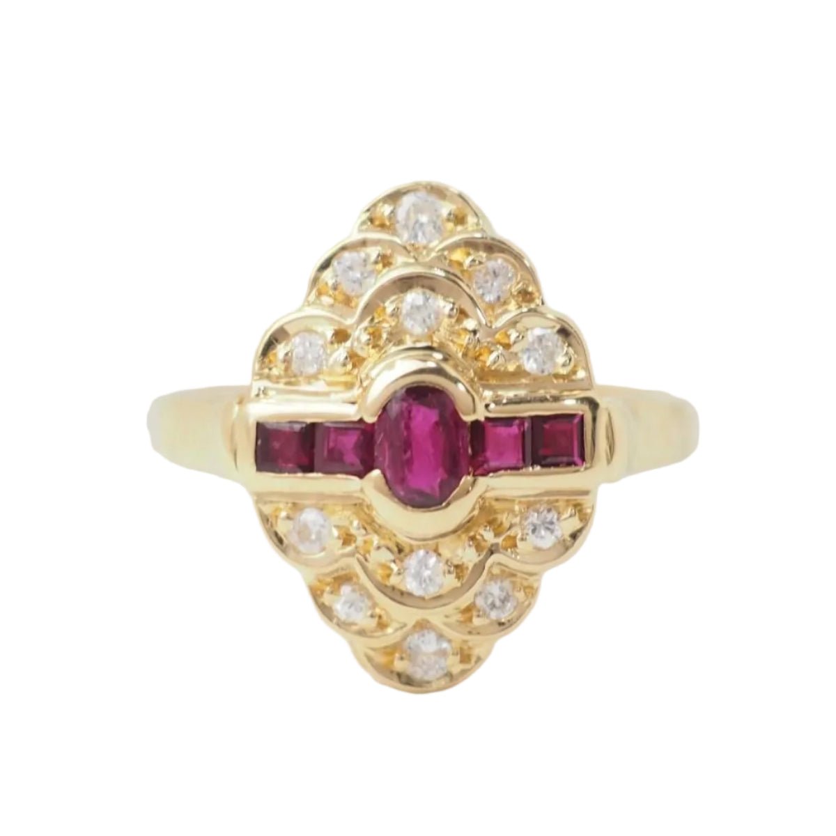 Bague Marquise en or jaune, rubis et diamants - Castafiore