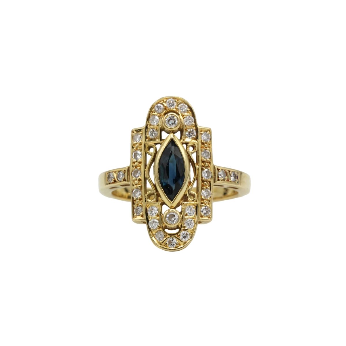Bague Marquise en or jaune, saphir et diamants - Castafiore