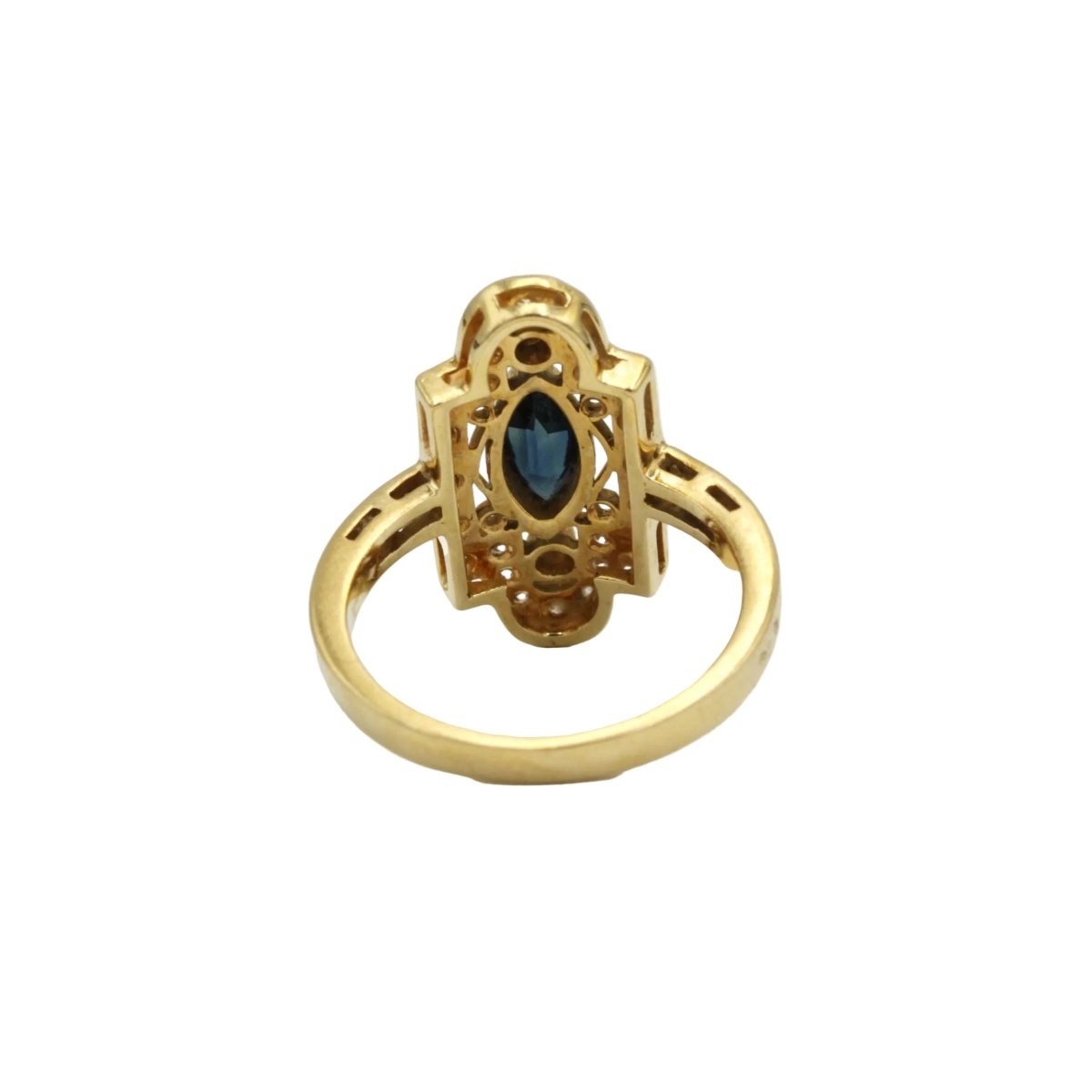 Bague Marquise en or jaune, saphir et diamants - Castafiore