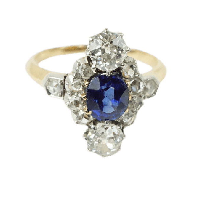 Bague Marquise en or jaune, saphir et diamants - Castafiore