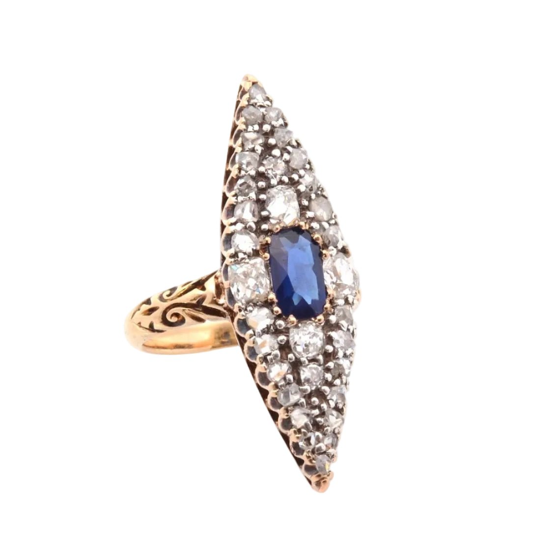 Bague Marquise en or jaune, saphir et diamants - Castafiore