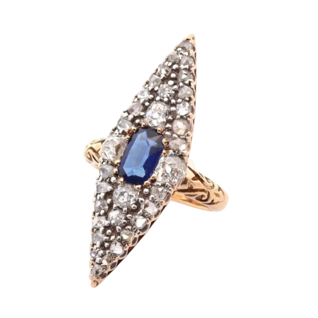 Bague Marquise en or jaune, saphir et diamants - Castafiore