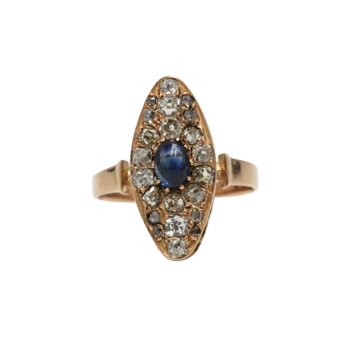 Bague Marquise en or jaune, saphir et diamants - Castafiore