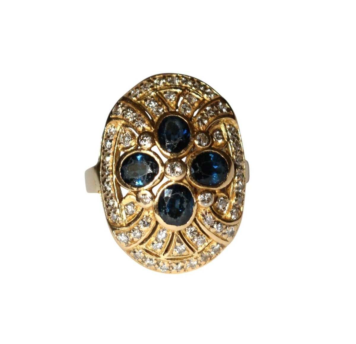 Bague Marquise en or jaune, saphirs et diamants - Castafiore