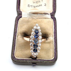 Bague Marquise en or jaune, saphirs et diamants - Castafiore