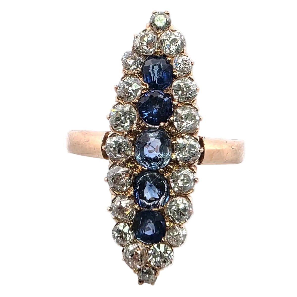 Bague Marquise en or jaune, saphirs et diamants - Castafiore