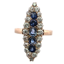 Bague Marquise en or jaune, saphirs et diamants - Castafiore