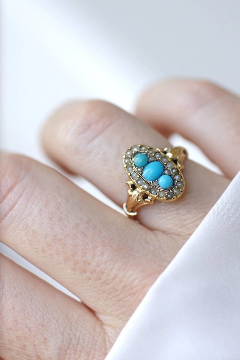 Bague Marquise en Or jaune, Turquoise et Perles - Castafiore