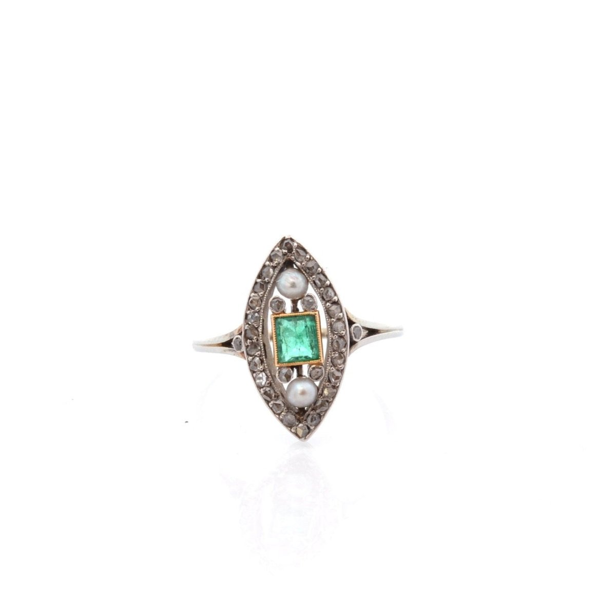 Bague Marquise en or, platine, émeraude, perles et diamants - Castafiore