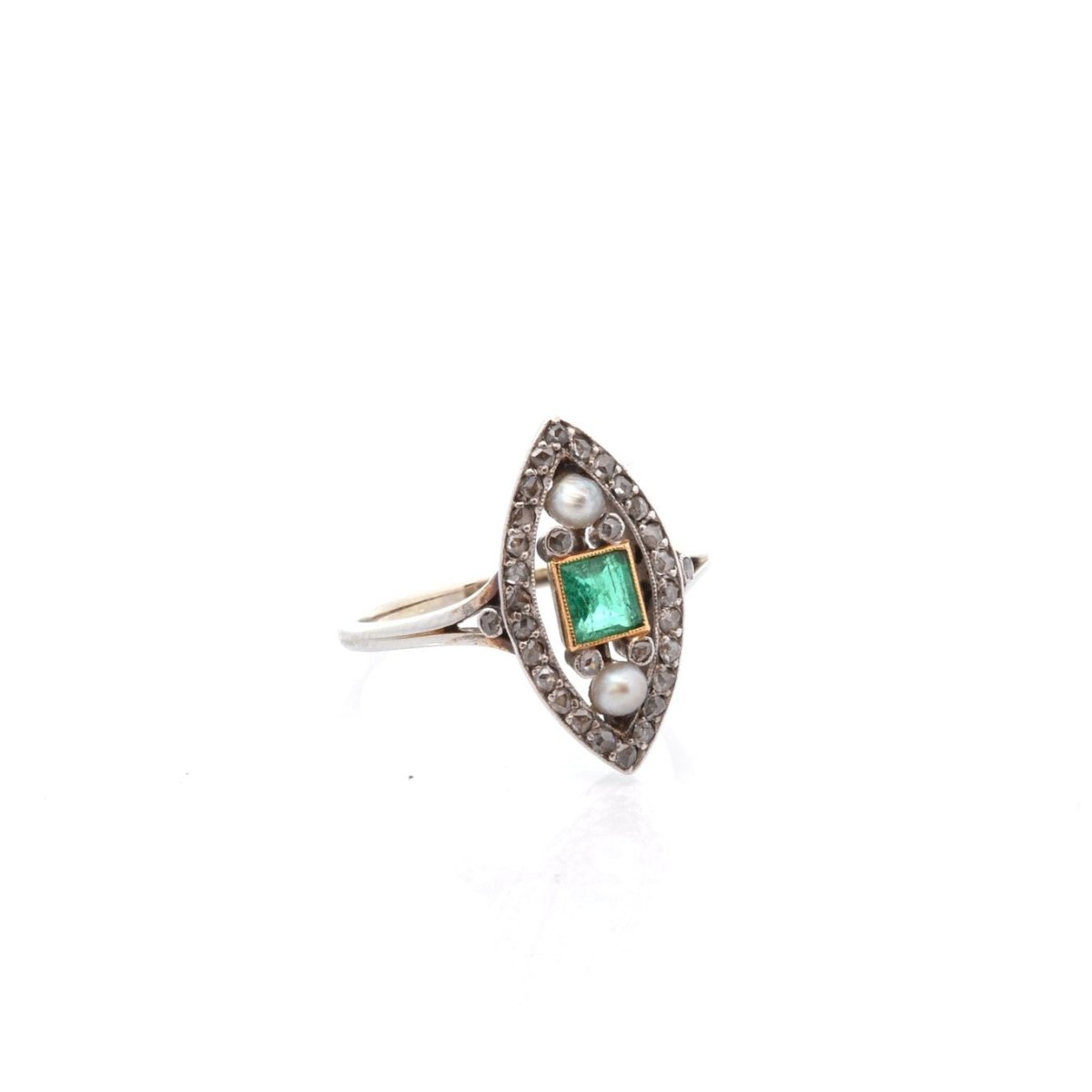 Bague Marquise en or, platine, émeraude, perles et diamants - Castafiore
