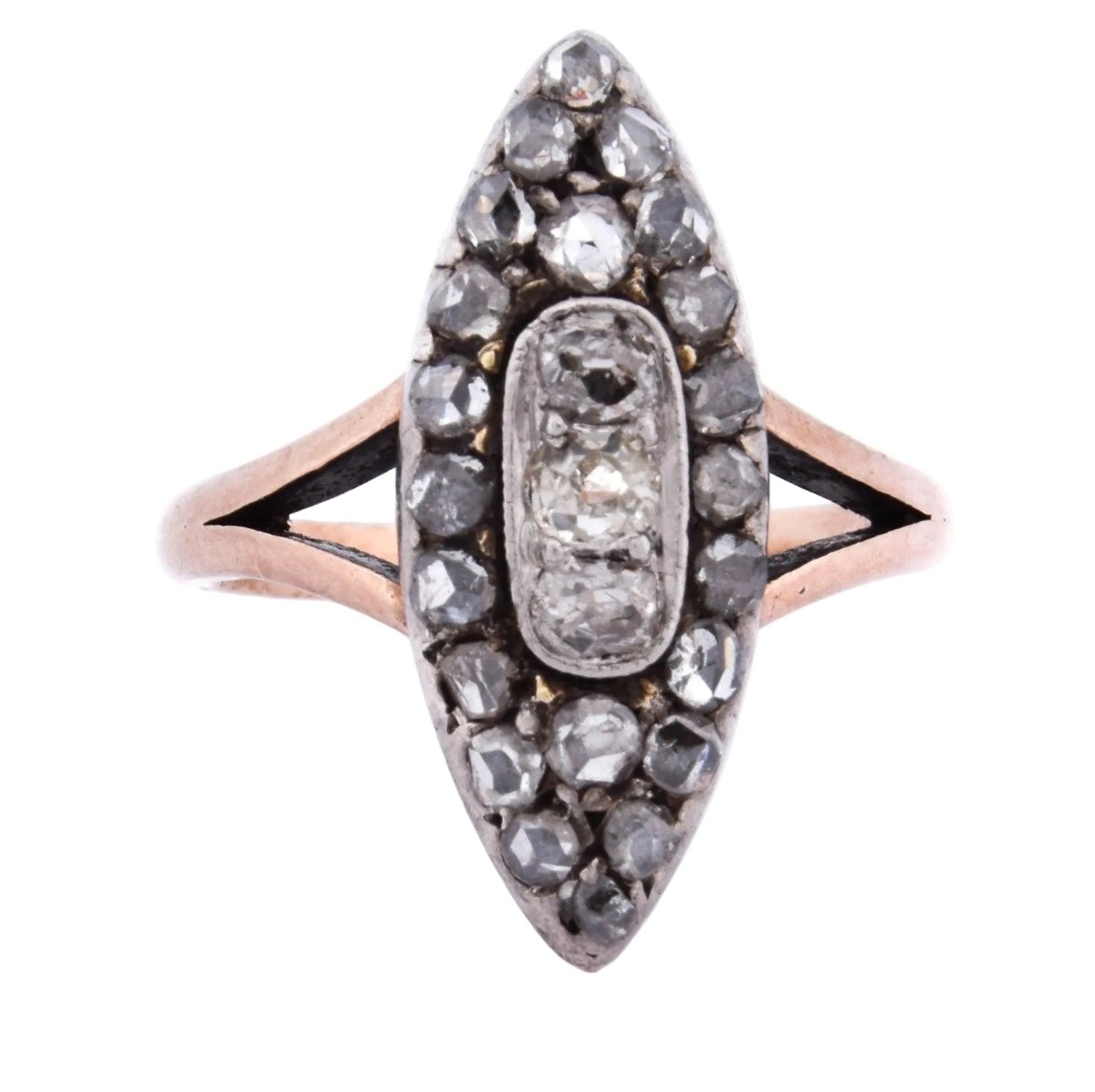 Bague Marquise en or rose, argent et diamants - Castafiore