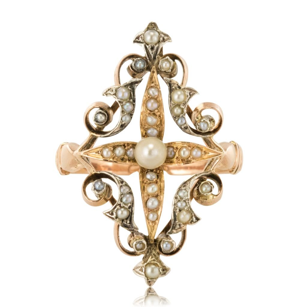 Bague Marquise en or rose, argent et perles - Castafiore