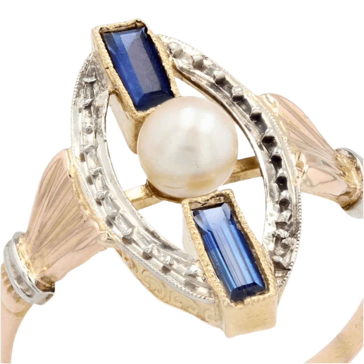 Bague Marquise en or rose, or blanc, perle et saphirs - Castafiore