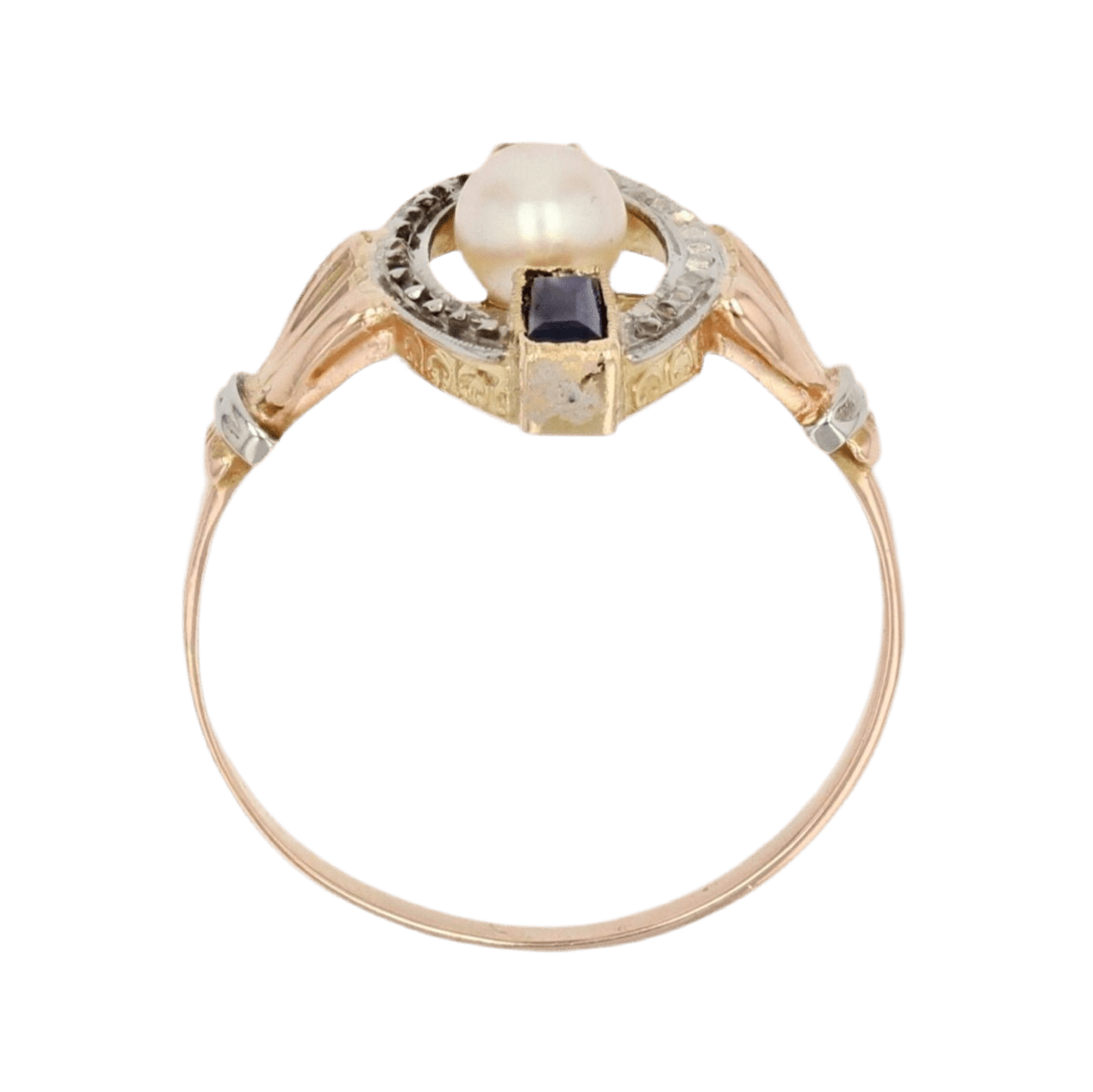 Bague Marquise en or rose, or blanc, perle et saphirs - Castafiore