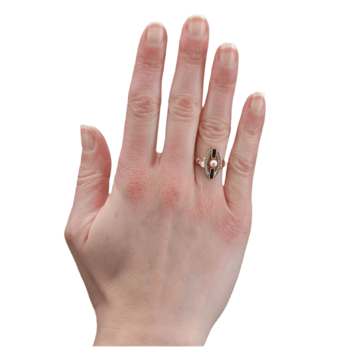 Bague Marquise en or rose, or blanc, perle et saphirs - Castafiore