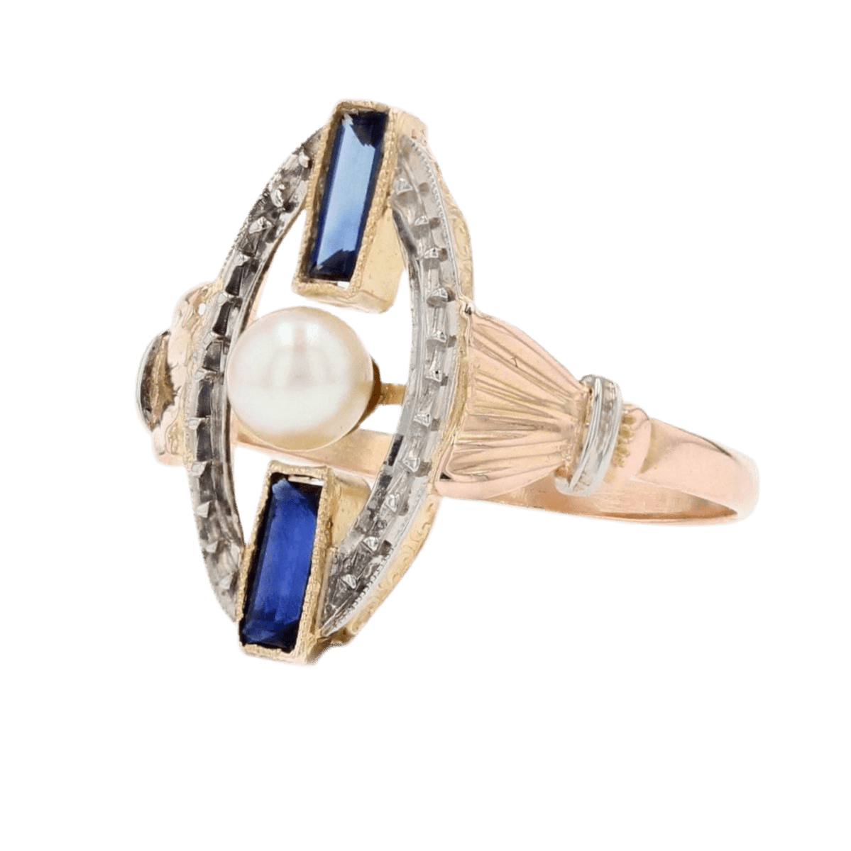 Bague Marquise en or rose, or blanc, perle et saphirs - Castafiore