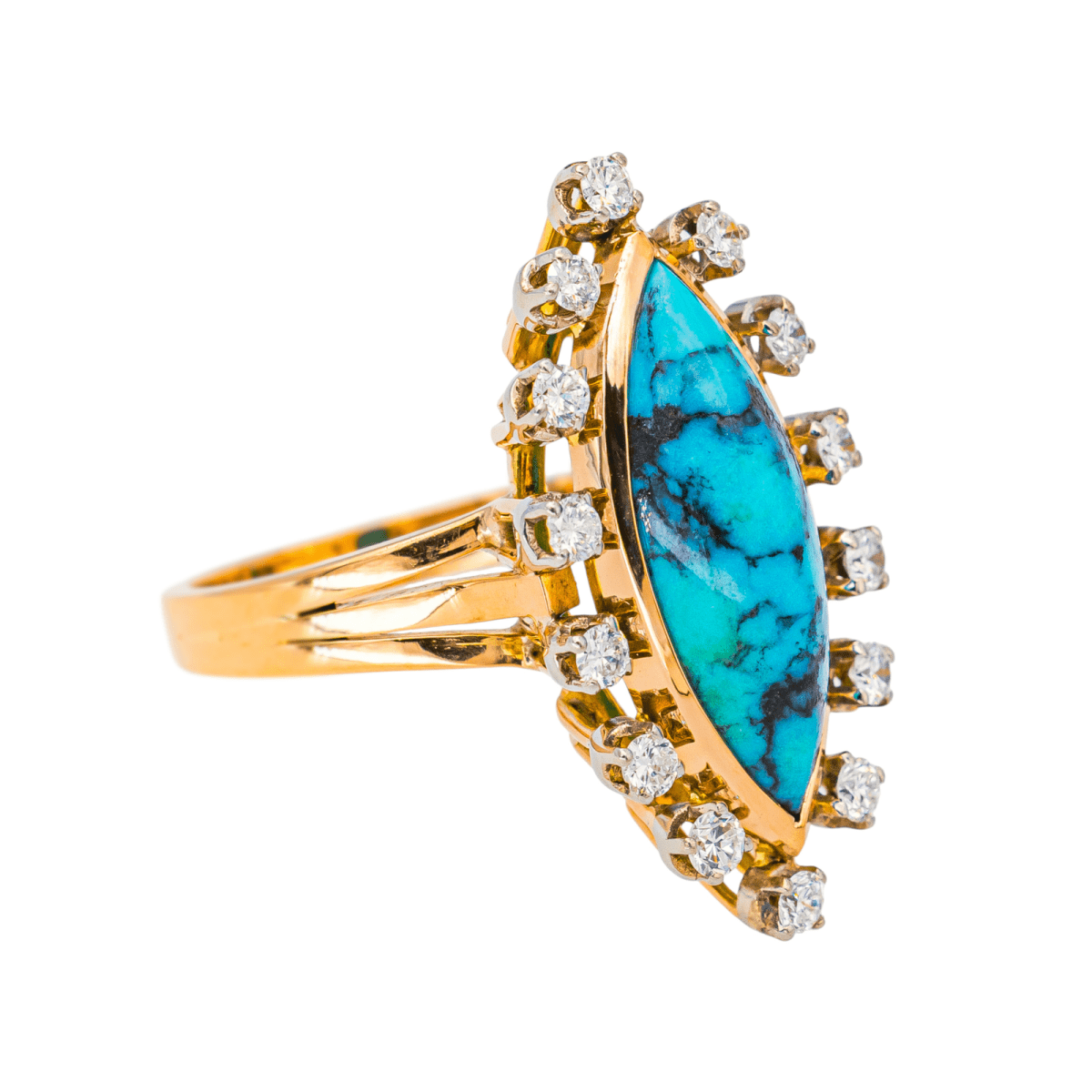 Bague Marquise en or rose, turquoise et diamants - Castafiore