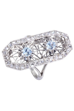 Bague Marquise en platine, aigue - marine et diamants - Castafiore