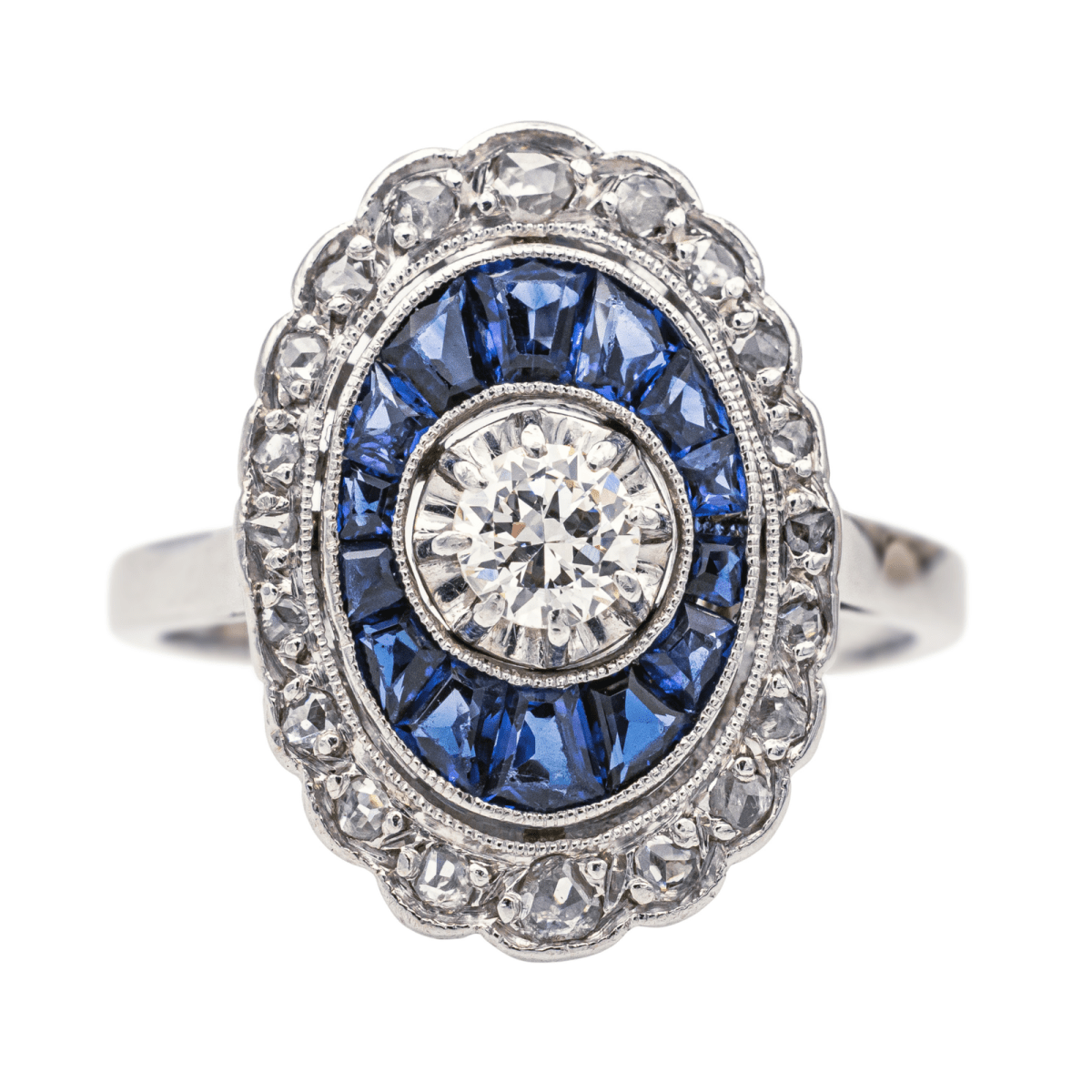 Bague Marquise en platine, saphir et diamants - Castafiore