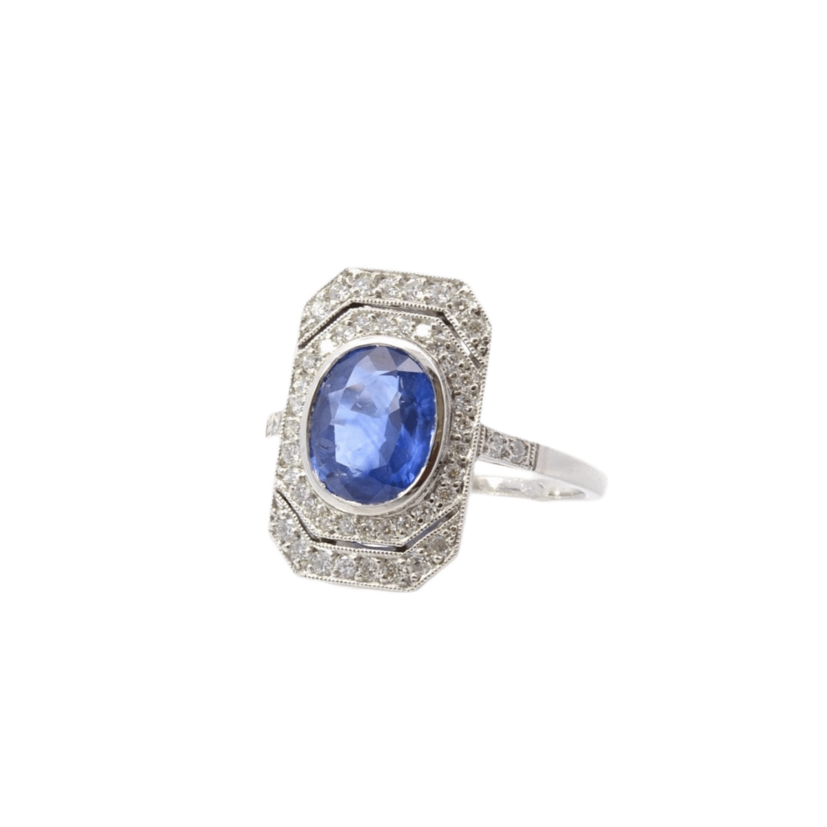 Bague Marquise en platine, saphir et diamants - Castafiore