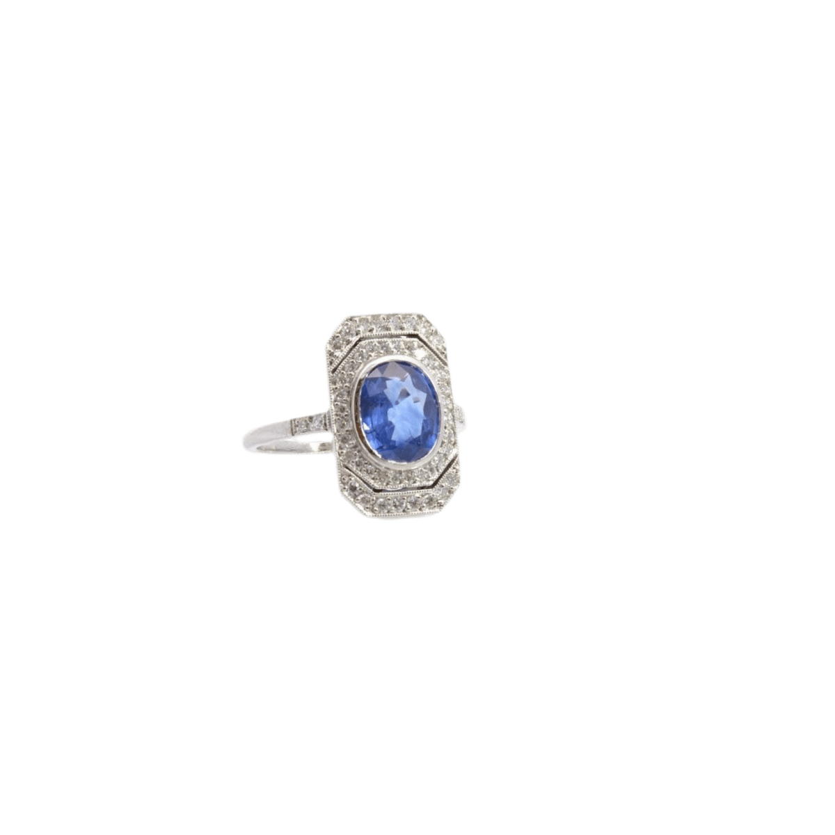 Bague Marquise en platine, saphir et diamants - Castafiore