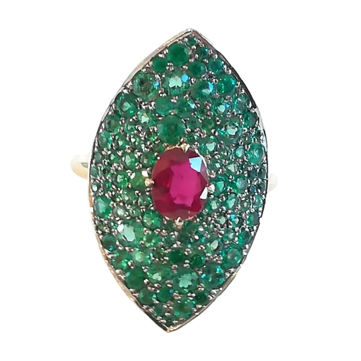 Bague Marquise GUY BARUCH en or jaune, rubis et émeraudes