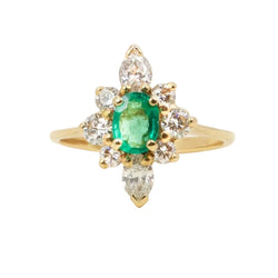 Bague marquise or jaune émeraude ovale diamants - Castafiore